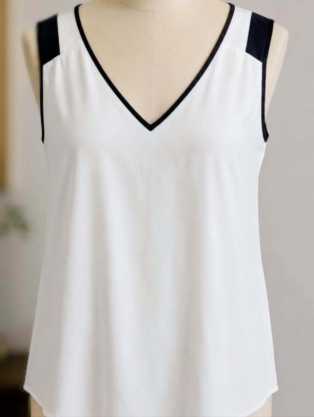 Ann Taylor Ivory V-Neck Sleeveless Blouse with Black Trim